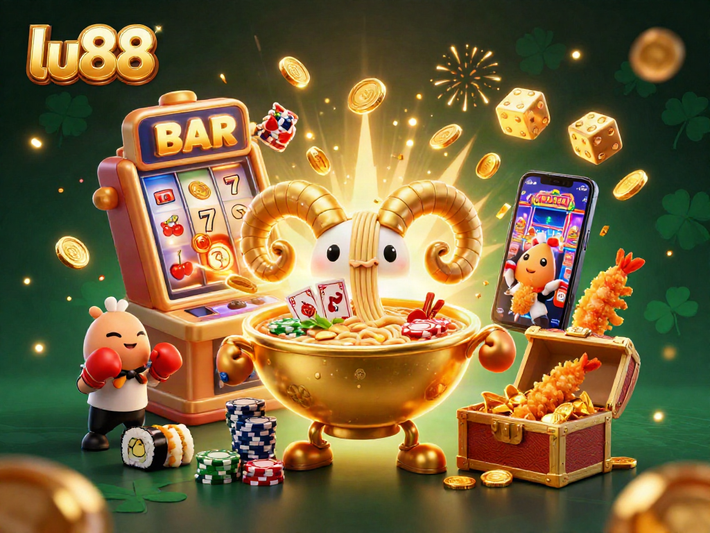 Experience lu88 with a vibrant 3D scene featuring a golden ramen bowl dealer amidst lively casino elements.