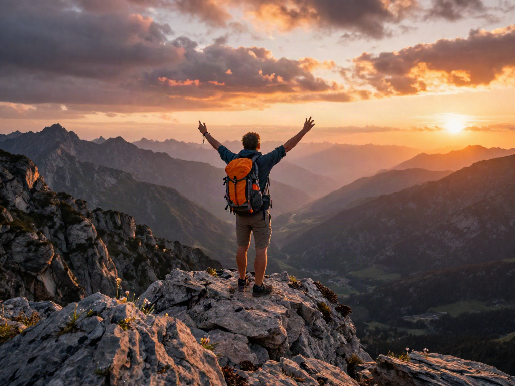 Traveler embracing the sunset at a mountain peak, discover here the beauty of nature.