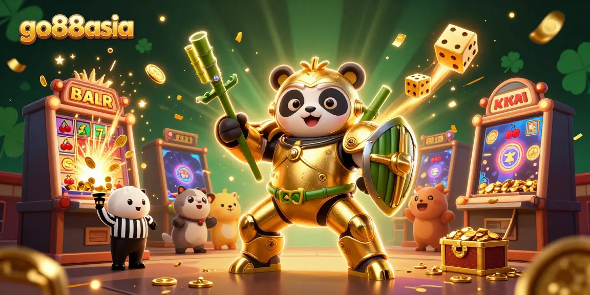 Experience the excitement of go88asia with a golden panda in a mech-suit battling for jackpots amid explosive rewards.