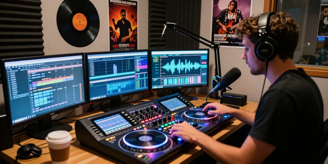 DJ mixing music at internet radio stations studio with vibrant setup