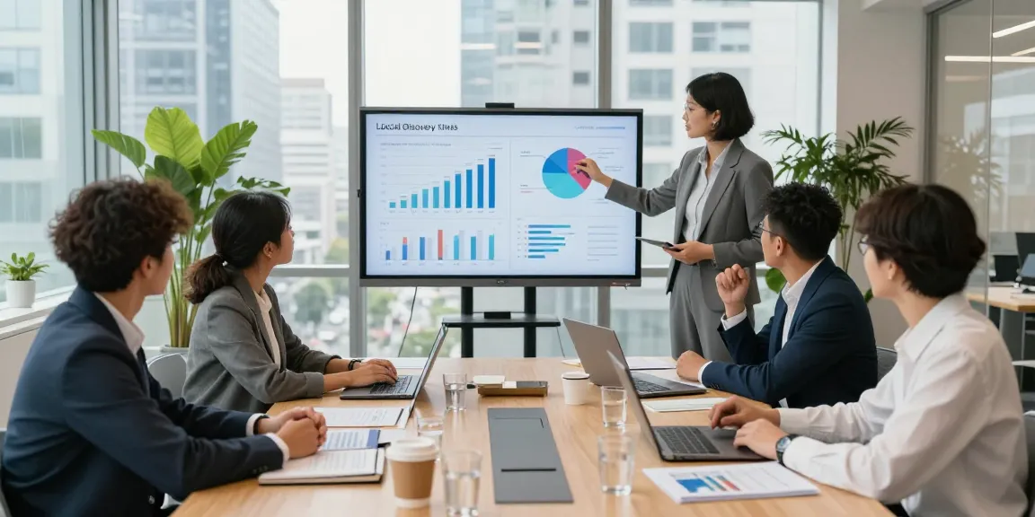 Business meeting showcasing local discovery trends in a modern office.
