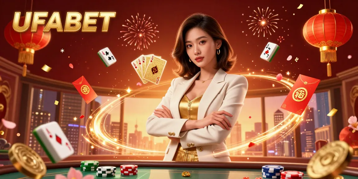 Experience thrilling moments with UFABET's vibrant gambling atmosphere featuring an empowered businesswoman.