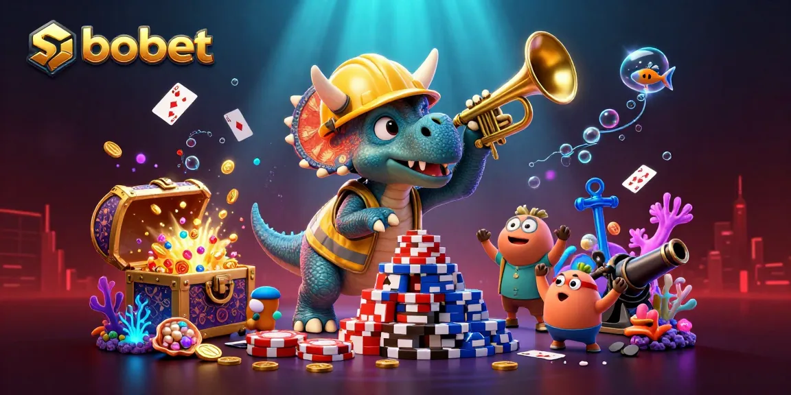 SBOBET betting fun scene featuring a triceratops, poker chips, and underwater treasures.