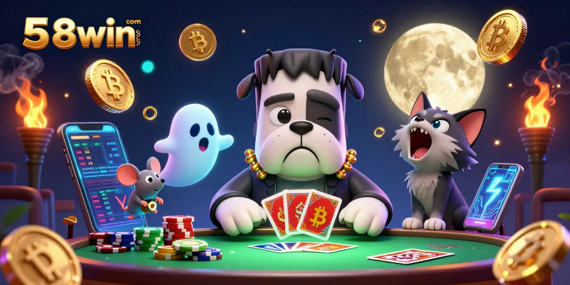 Wager and win at 58win com with a lively 3D casino scene of a bulldog dealer and NFT elements.