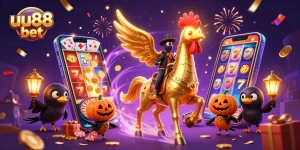 Experience the thrill of uu88 bet with a golden rooster and magical casino elements.