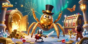 Engage with the excitement of 58vin's gaming world, featuring a dynamic scene of a golden tarantula and beetle knight.