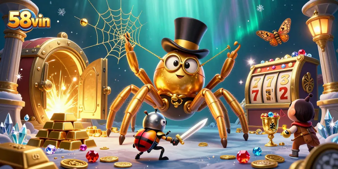 Engage with the excitement of 58vin's gaming world, featuring a dynamic scene of a golden tarantula and beetle knight.