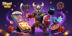 Dhani win features a 3D Viking wolf warrior, dragon, and raven surrounded by vibrant gaming elements.