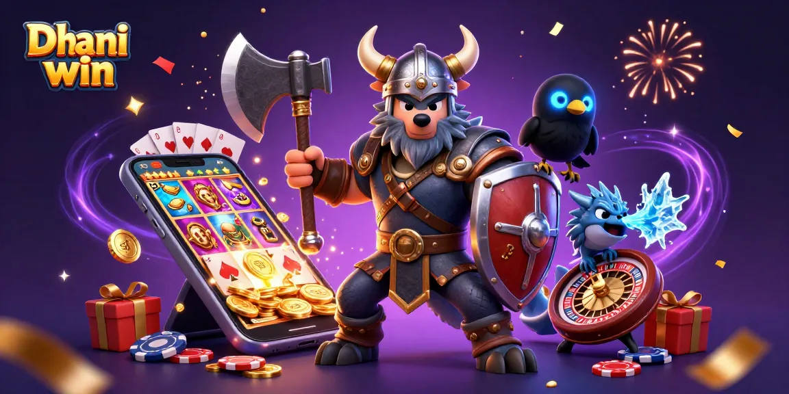 Dhani win features a 3D Viking wolf warrior, dragon, and raven surrounded by vibrant gaming elements.