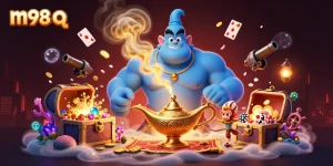 Experience the excitement of m98 q as a massive blue genie bursts from a lamp alongside Aladdin's monkey and a magic carpet filled with poker chips.