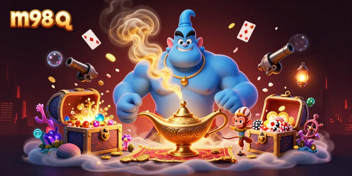 Experience the excitement of m98 q as a massive blue genie bursts from a lamp alongside Aladdin's monkey and a magic carpet filled with poker chips.