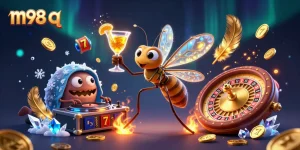 Engage with m98 q at a thrilling casino scene featuring a cartoon mosquito mascot and a trilobite DJ.