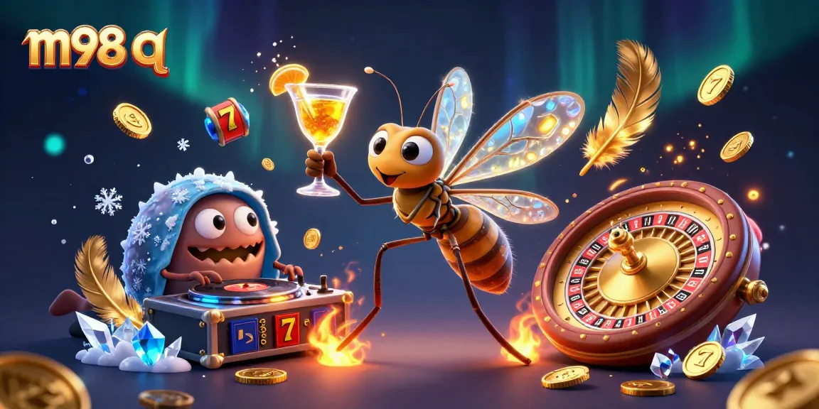 Engage with m98 q at a thrilling casino scene featuring a cartoon mosquito mascot and a trilobite DJ.