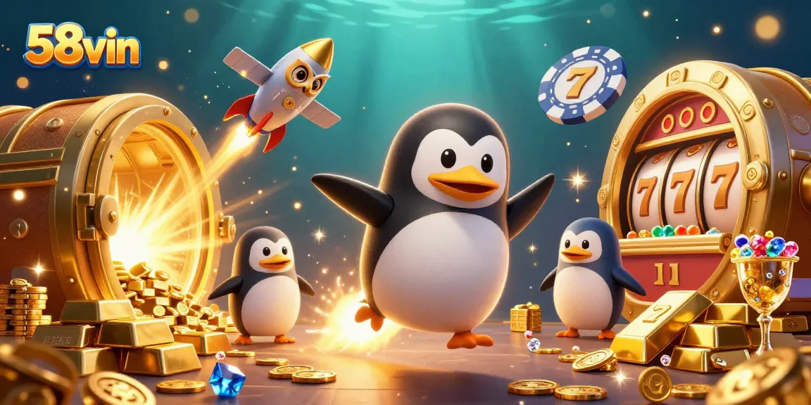 Experience thrilling gameplay with 58vin, featuring a dynamic golden penguin in a vibrant casino scene.