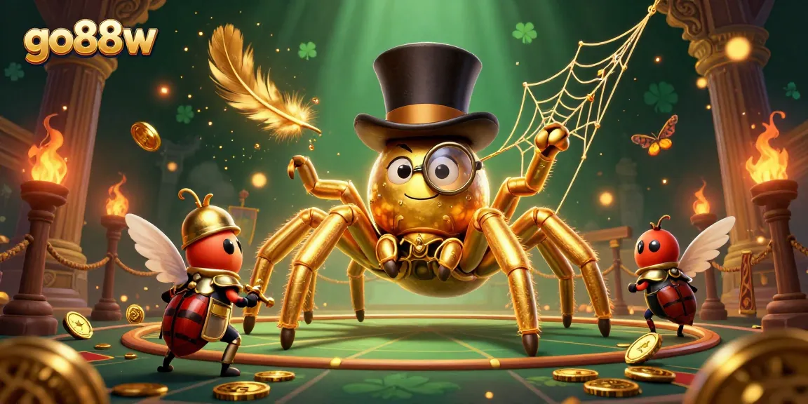 Experience thrilling gameplay at go88w with a captivating scene of a golden tarantula and beetle knight in a vibrant casino.