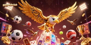Engage in thrilling gameplay at gamehitclub with a dynamic scene showcasing an animated cybernetic eagle amidst sports betting elements.