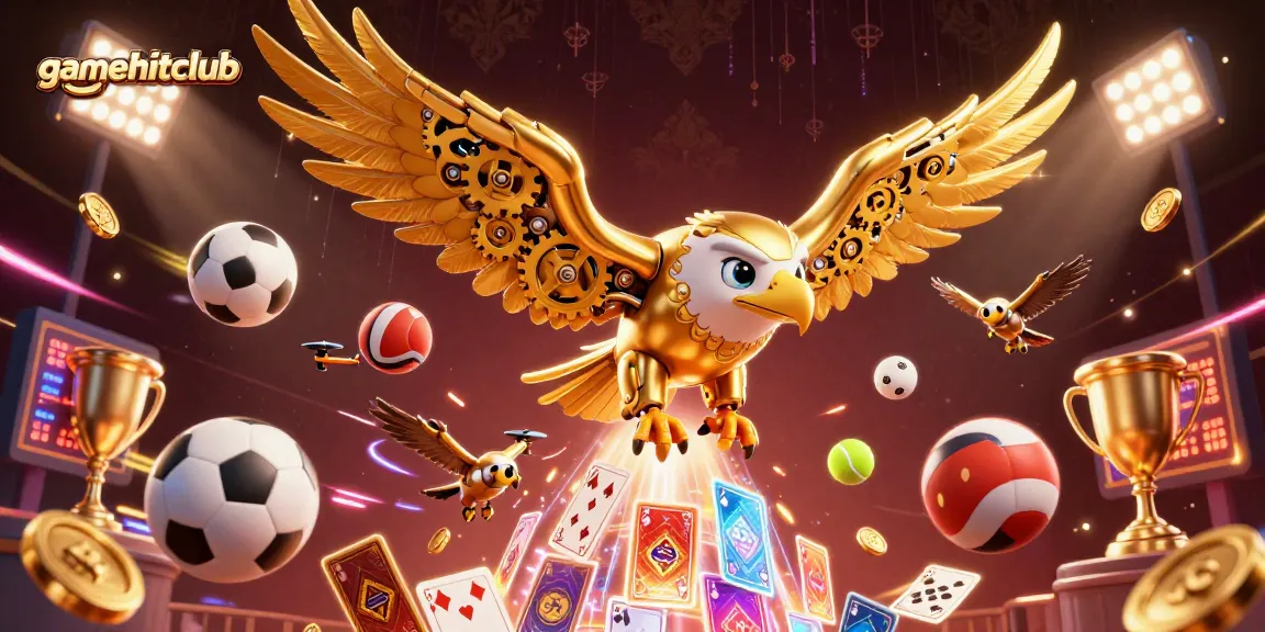 Engage in thrilling gameplay at gamehitclub with a dynamic scene showcasing an animated cybernetic eagle amidst sports betting elements.