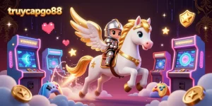 Experience the thrill of betting at truycapgo88 with a fantasy illustration of a galloping celestial horse amidst vibrant casino elements.