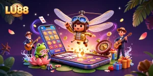 LU88 showcases a vibrant casino scene with cartoon dragonfly pilot and frog croupier.