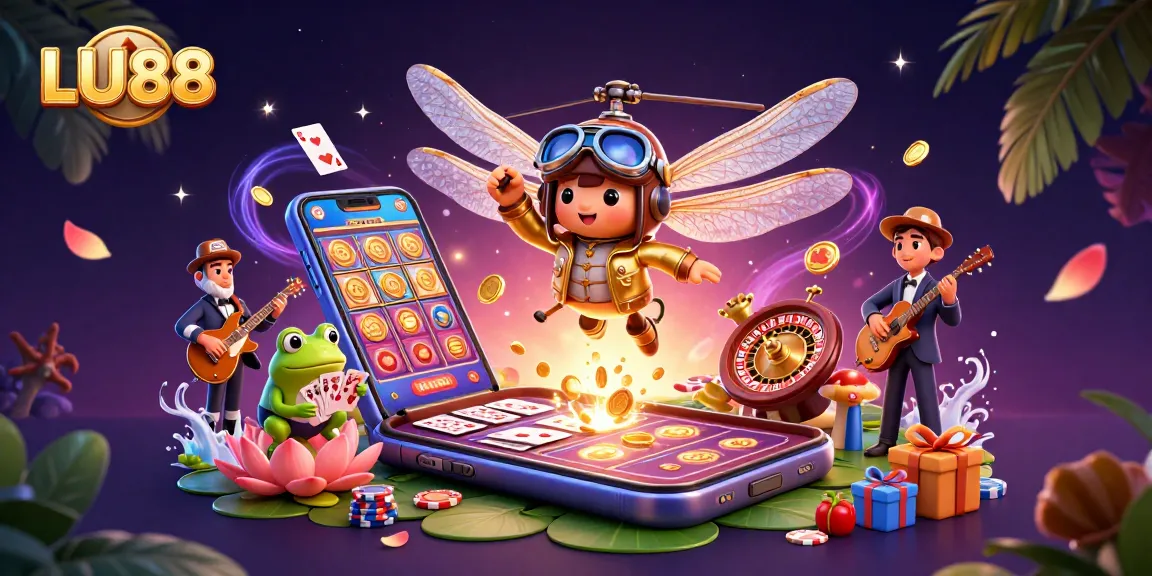 LU88 showcases a vibrant casino scene with cartoon dragonfly pilot and frog croupier.