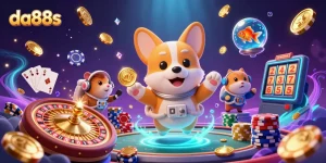 Experience the excitement of da88s casino with a floating astronaut corgi amidst chips and gems!
