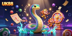Engage with UK88’s vibrant lottery scene featuring energetic characters and dynamic gaming elements.