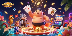 Experience the excitement of casinoscout casino with a dynamic underwater scene featuring a cheerful fugu, thrilling games, and festive elements.