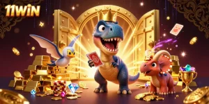 Experience thrilling gameplay at 11WIN with a vibrant 3D casino scene filled with T-Rex and treasure.