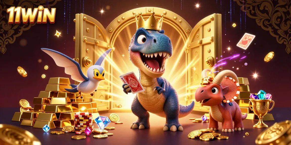 Experience thrilling gameplay at 11WIN with a vibrant 3D casino scene filled with T-Rex and treasure.