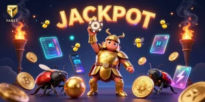 Join FABET's thrilling jackpot celebration with cartoon beetles and crypto elements enriching the scene.