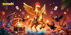 Experience the thrilling games at sunwin's casino, featuring golden rooster and vibrant gaming elements.