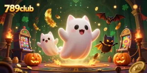 Experience the 789club thrill with a floating ghost cat and bat in a haunted casino.