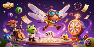 Spin the wheels of fortune at qs88 with dragonfly pilot and frog croupier amidst vibrant gameplay.
