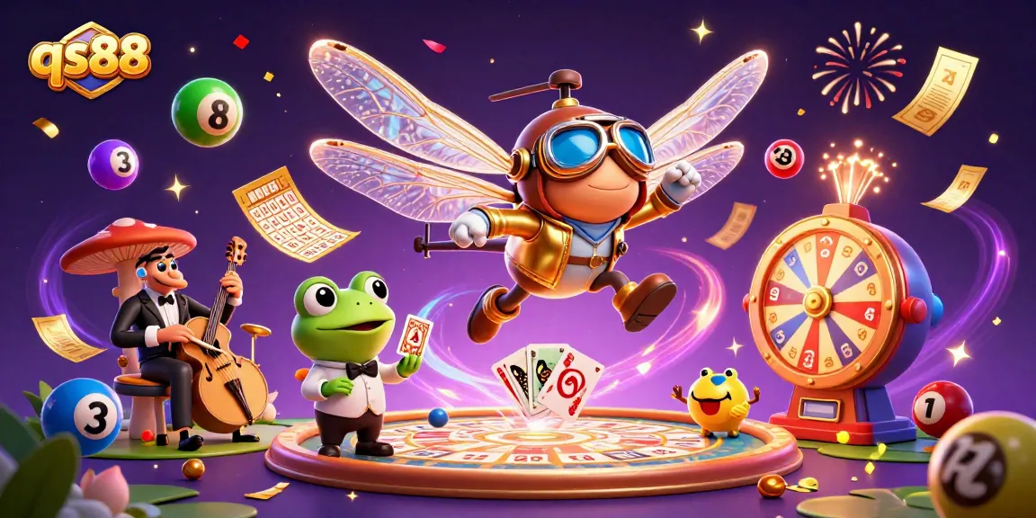 Spin the wheels of fortune at qs88 with dragonfly pilot and frog croupier amidst vibrant gameplay.