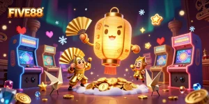 Experience the vibrant energy of FIVE88 with a golden lantern spirit and dynamic gaming elements.